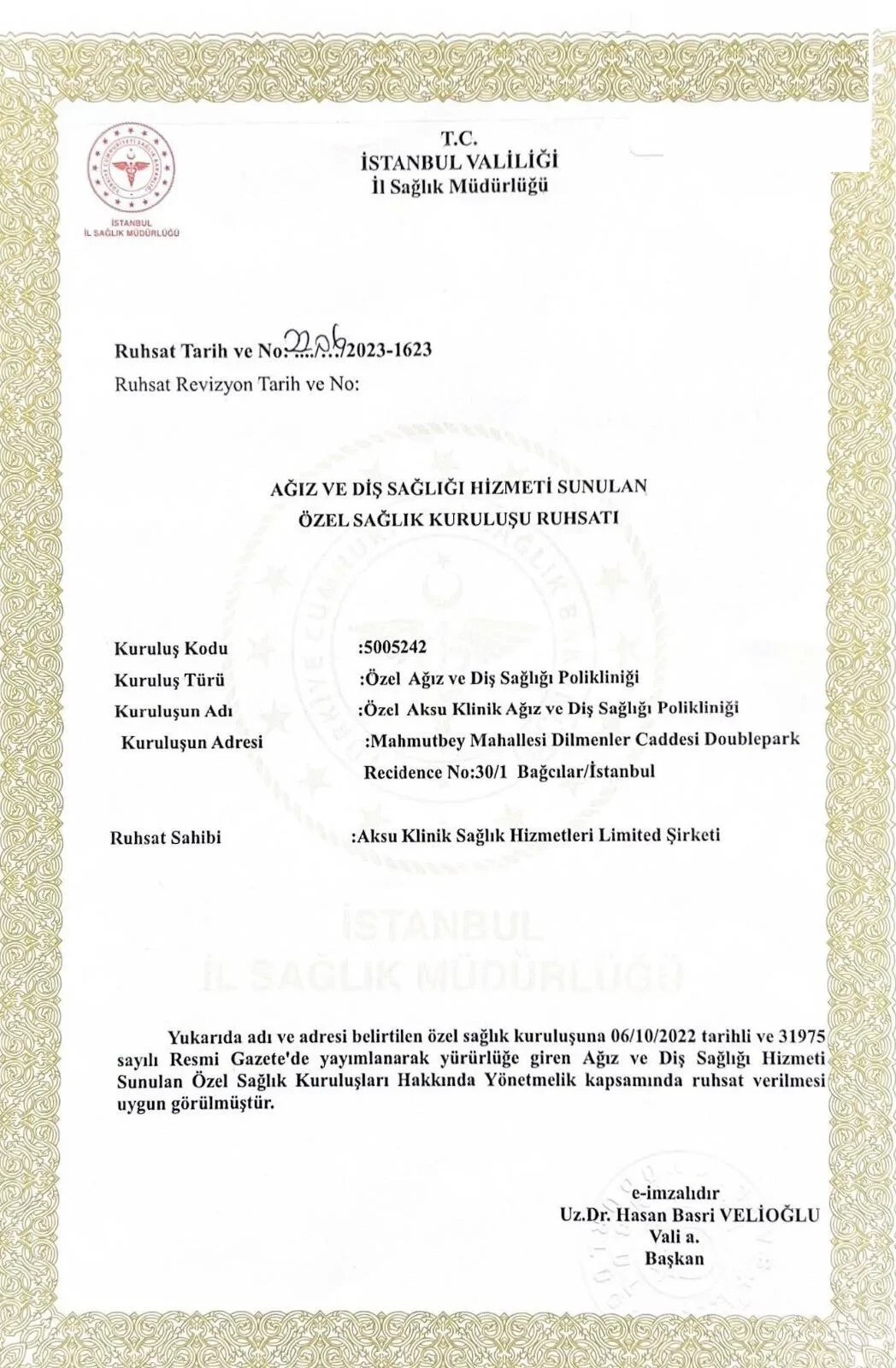 Aksu Clinic özel sağlık kuruluşu ruhsatı önizlemesi