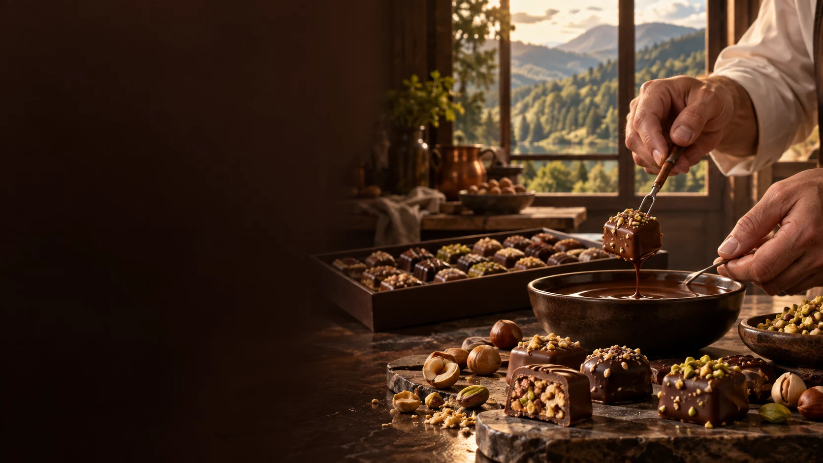 Bolu manzarası eşliğinde krokanlı çikolataları tamamlayan usta eller