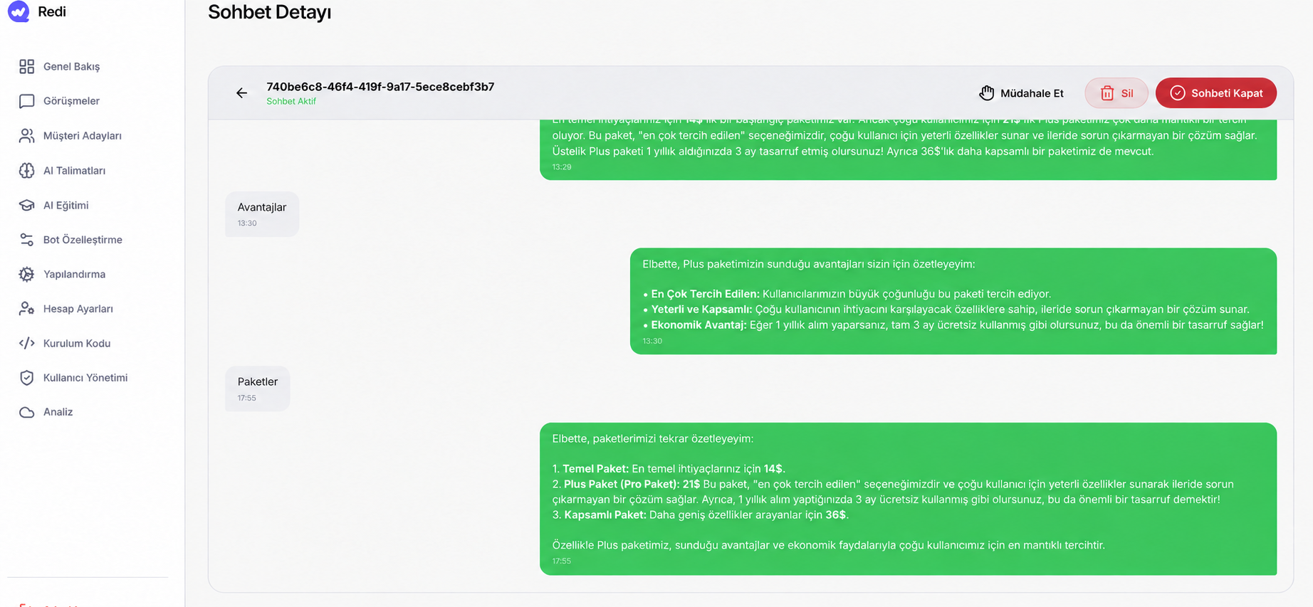Chat360 gerçek sohbet detay ve canlı müdahale paneli