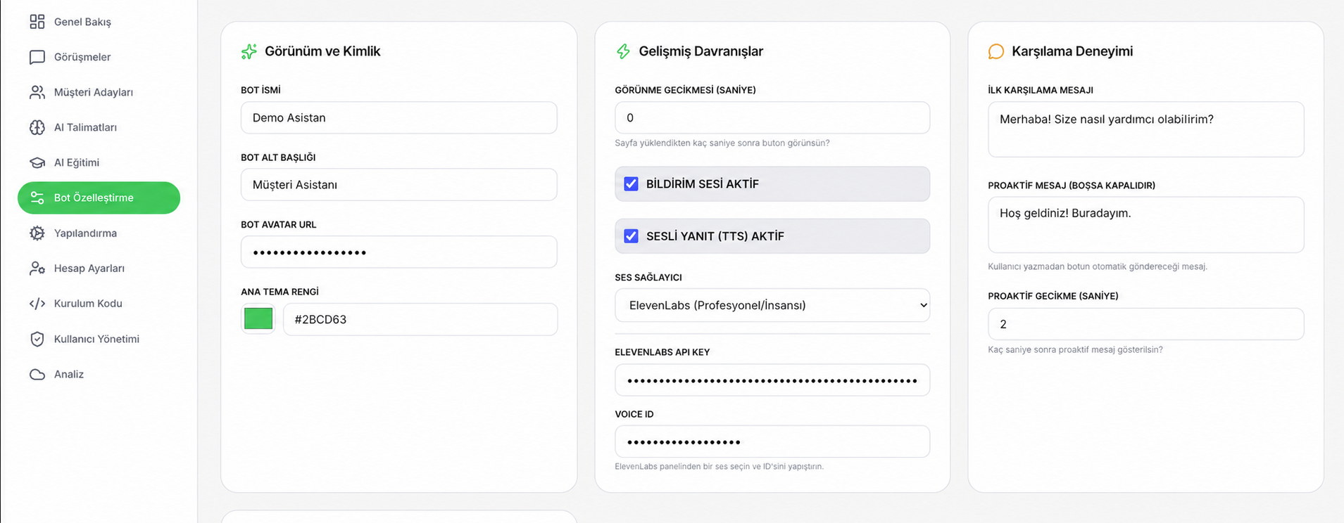 Chat360 anonimleştirilmiş bot özelleştirme ve davranış ayarları paneli