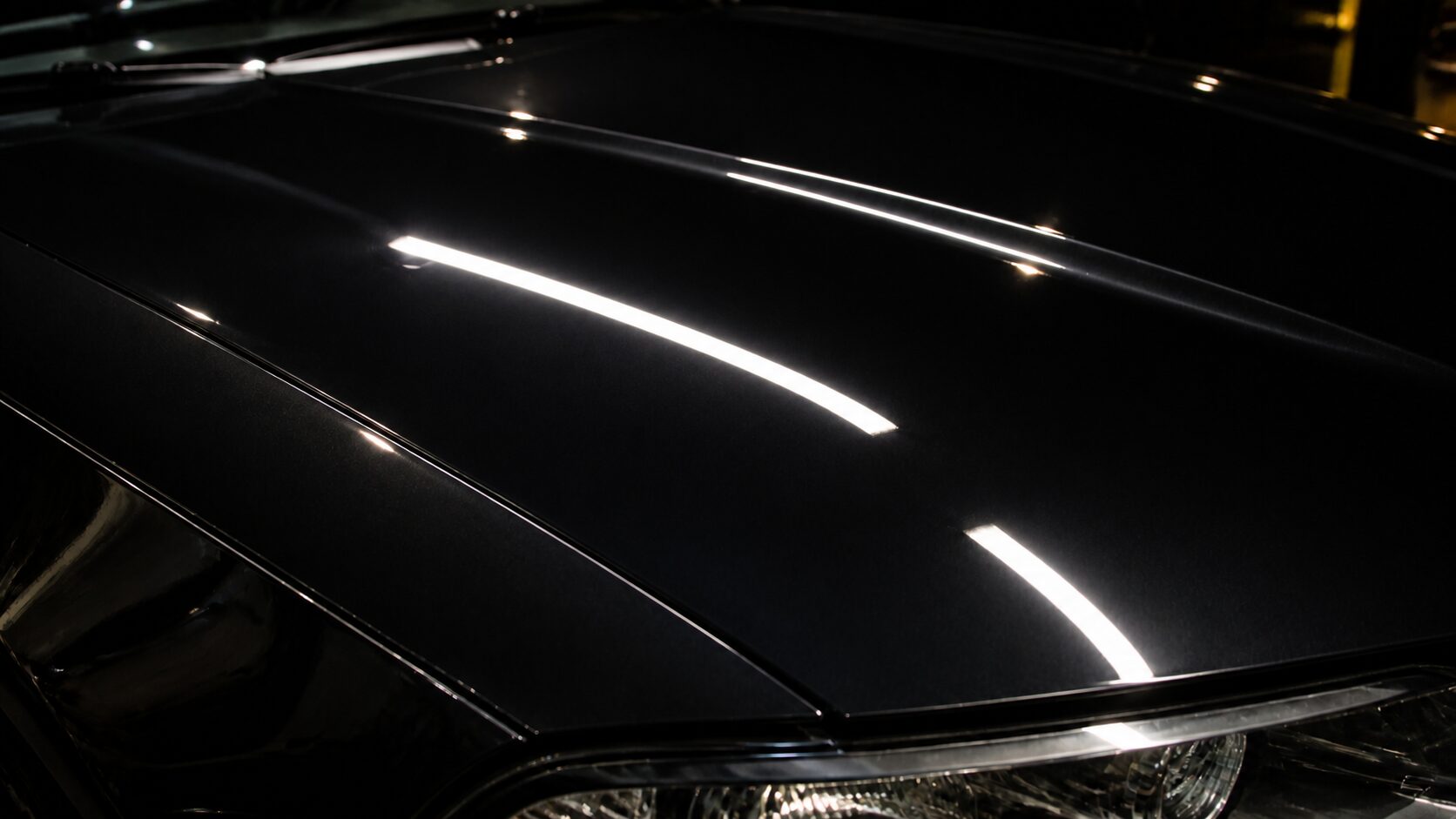 Glossy black vehicle surface after paint correction