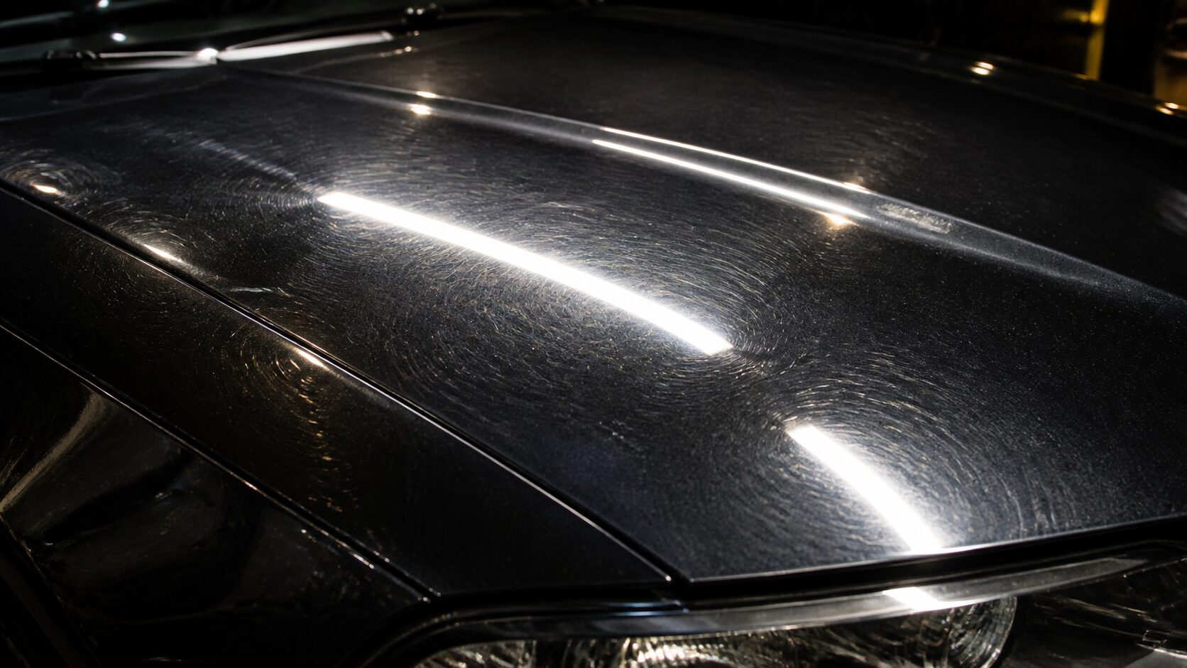 Swirled black vehicle surface before paint correction