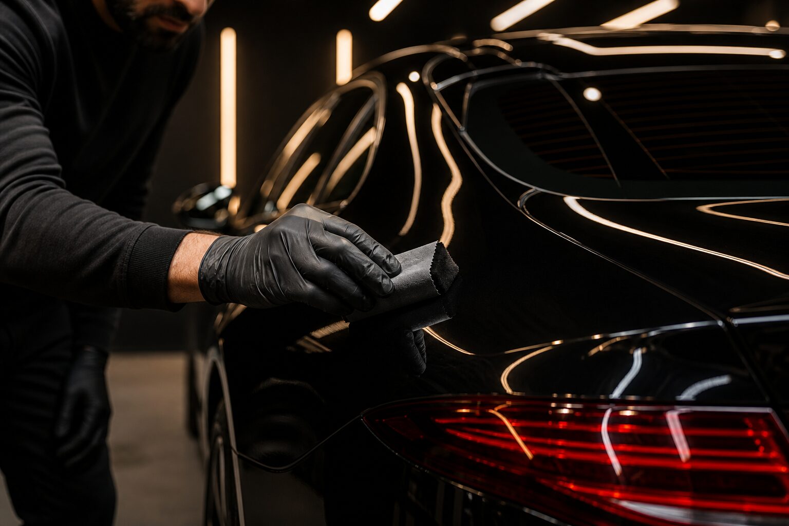 Ceramic coating application on a black vehicle surface