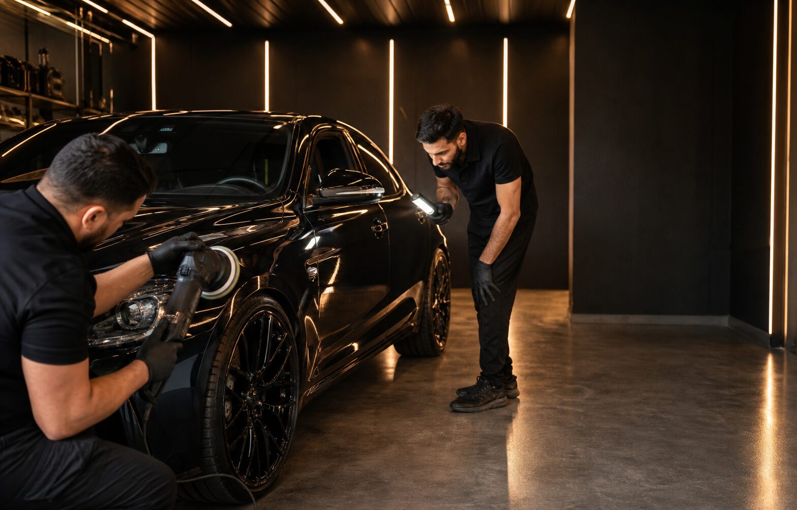 Two specialists working on a black vehicle in the DetailXperts studio